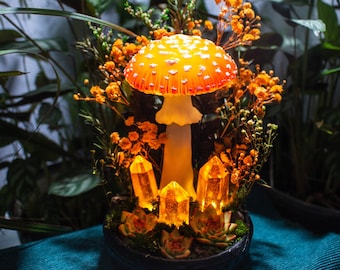 Pilz Lampe mit Kristallen MADE TO ORDER - Fliegenpilz Lampe - Rot-Orange - Pilz Lampe - Pilz Lampe - Feen Dekor - Natur Dekor