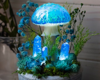 Lámpara de cristal con forma de hongo: luz nocturna brillante de bosque de fantasía