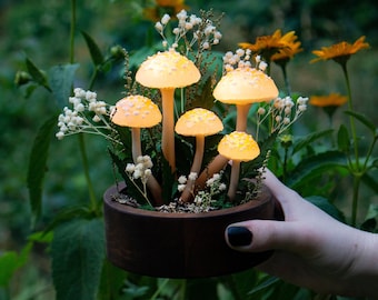 Mushroom lamp MADE to ORDER - with flowers - Mushroom light - White Fungi lamp - forest night light - Fairy decor - Nature decor