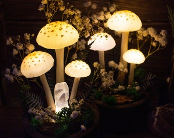 Mushroom lamp MADE to ORDER - with flowers - Mushroom light - White Fungi lamp - forest night light - Fairy decor - Nature decor