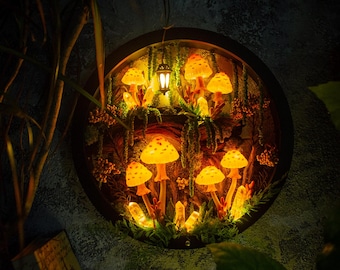 Fee Pilz Portal mit kleiner Laterne - Wandmontierte Lampe - Leuchtpilze - Leuchtpilze - Leuchtkristalle - Pilz Nachtlicht - Natur - Miniatur