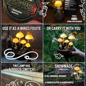 Puede incluir: Una luz nocturna con forma de hongo con un interruptor t&aacute;ctil. La luz est&aacute; hecha de hongos esculpidos y pintados a mano con una luz amarilla incandescente. La base es una peque&ntilde;a maceta de madera con musgo y flores. La luz es recargable por USB y viene con un cargador tipo C. El texto "SNOWMADE" y "SINCE 2016" est&aacute; en la imagen.