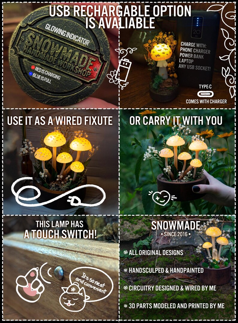 Puede incluir: Una luz nocturna con forma de hongo con un interruptor t&aacute;ctil. La luz est&aacute; hecha de hongos esculpidos y pintados a mano con una luz amarilla incandescente. La base es una peque&ntilde;a maceta de madera con musgo y flores. La luz es recargable por USB y viene con un cargador tipo C. El texto "SNOWMADE" y "SINCE 2016" est&aacute; en la imagen.