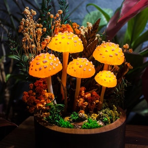 Mushroom Night Light: Handmade Fungi Lamp with Flowers