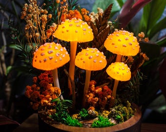 Mushroom Night Light: Handmade Fungi Lamp with Flowers