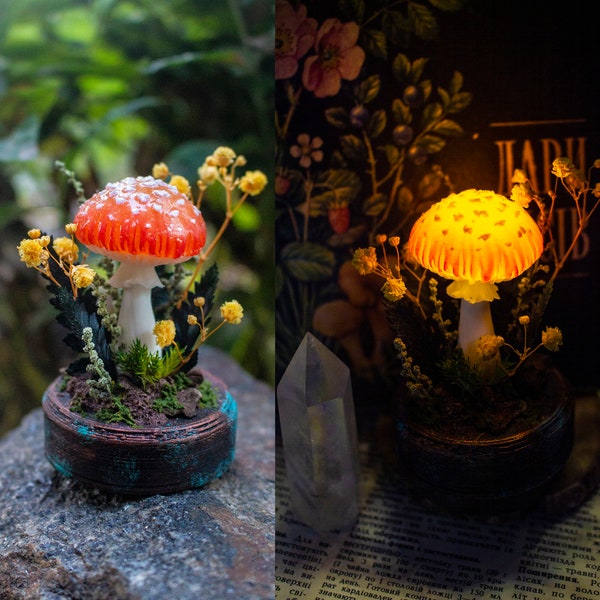 MADE to ORDER Orange tiny mushroom night light - blue mushroom lamp - Polymer Clay Fungi miniature - Glow in the dark - LED - rechargeable