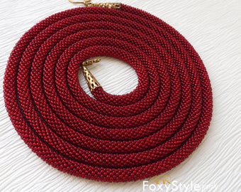 Statement Red Necklace Long Red Bead Necklace Crochet Red Jewelry Rope Necklace Red Gift for women elegant red jewelry beadwork gift for mom