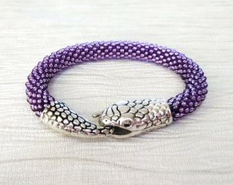 Snake bracelet, Silver and purple bracelet, Ouroboros bracelet, Serpent bracelet, Snake bangle bracelet, Snake jewelry, Purple bead bracelet