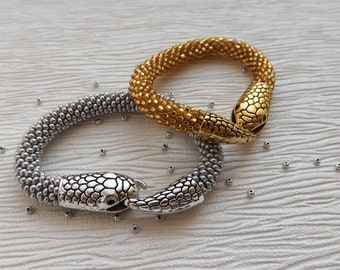 Bracelet serpent en argent, Bijoux Zen, Bracelet Serpent, Bracelet perlé d’argent, Bracelet Anxiété, Bracelet Sorcière, Bracelet Ouroboros, Énergie