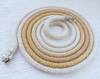 Long Beige Necklace Snake Jewelry Beaded Boho Necklace Snake Necklace Long Beaded Necklace Beige White Necklace Constellation Jewelry Snake