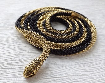 Gold Snake Necklace Black Gothic Necklace Witch Jewelry Birthday Gift For Her Beaded Black Necklace Witch Necklace Wiccan Jewelry Snake