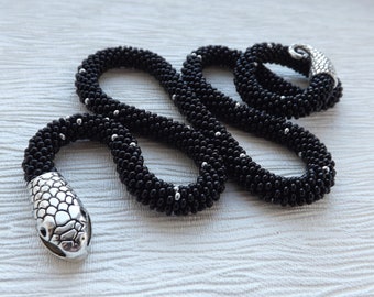 Silver snake necklace, Black statement necklace, Handmade jewelry, Snake jewelry, witch jewelry, bead black choker, 40th birthday gift