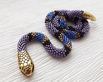 Serpent necklace, Handmade jewelry, Blue snake necklace, Purple and blue statement necklace, Ouroboros jewelry, Birthday gift, beaded collar