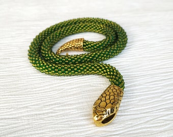 Snake choker, Beaded snake necklace, Snake jewelry, Statement choker, Bead green necklace, Serpent necklace, Green choker