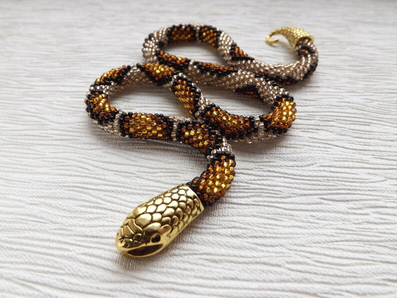 Gold snake necklace, Handmade beaded jewelry, Gold statement necklace, Witch jewelry, Snake jewelry, Wiccan jewelry, Ouroboros necklace, Zen image 5