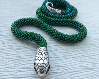 Green snake necklace, Green statement necklace, Ouroboros jewelry, crochet necklace, green choker, Witch jewelry