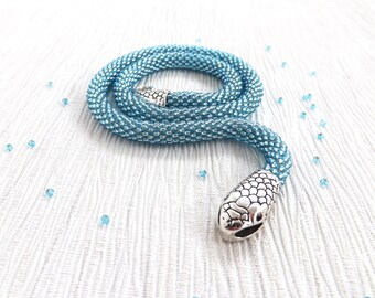 Snake wrap necklace, Light blue statement necklace, Beaded navy blue necklace, Snake choker, Ouroboros, Serpent choker, Snake jewelry