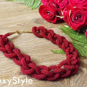 Statement Red Necklace Long Red Bead Necklace Crochet Red Jewelry Rope Necklace Red Gift for women elegant red jewelry beadwork gift for mom image 4