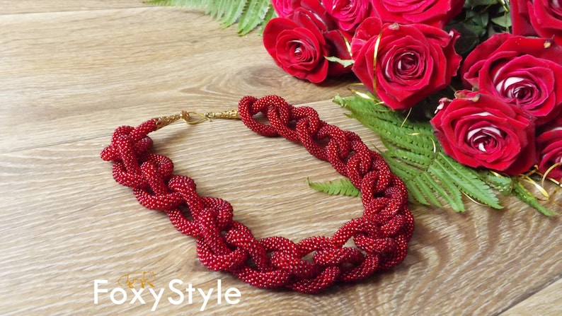 Statement Red Necklace Long Red Bead Necklace Crochet Red Jewelry Rope Necklace Red Gift for women elegant red jewelry beadwork gift for mom image 4