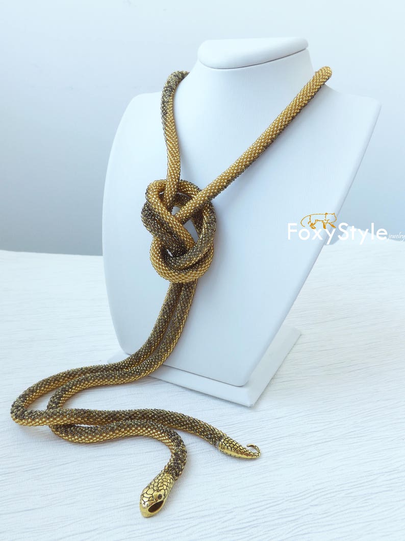 gold snake necklace, layering bead necklace, long gold necklace, celtic necklace, gift for wife, snake jewelry, serpent necklace image 4