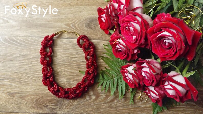 Statement Red Necklace Long Red Bead Necklace Crochet Red Jewelry Rope Necklace Red Gift for women elegant red jewelry beadwork gift for mom image 6