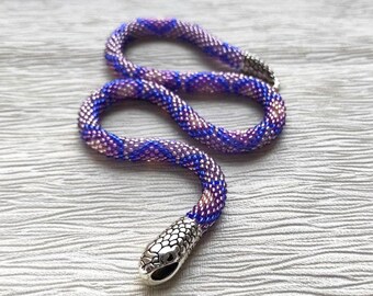 Purple choker, Snake necklace, Beaded snake necklace, Lilac bead necklace, Purple statement necklace, Wrap choker necklace, Ouroboros