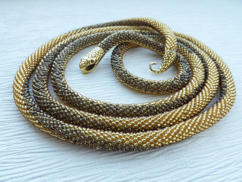 gold snake necklace, layering bead necklace, long gold necklace, celtic necklace, gift for wife, snake jewelry, serpent necklace image 1