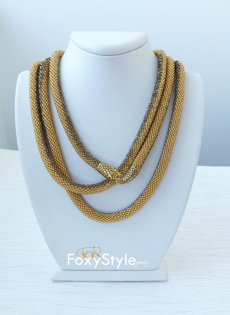 gold snake necklace, layering bead necklace, long gold necklace, celtic necklace, gift for wife, snake jewelry, serpent necklace image 2