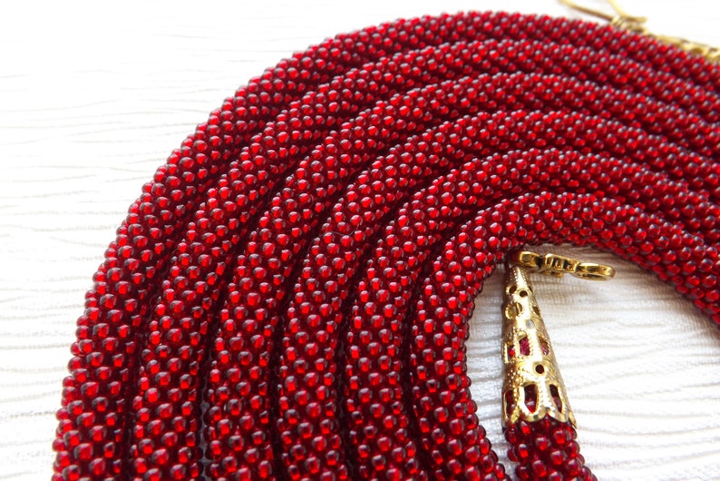 Statement Red Necklace Long Red Bead Necklace Crochet Red Jewelry Rope Necklace Red Gift for women elegant red jewelry beadwork gift for mom image 3