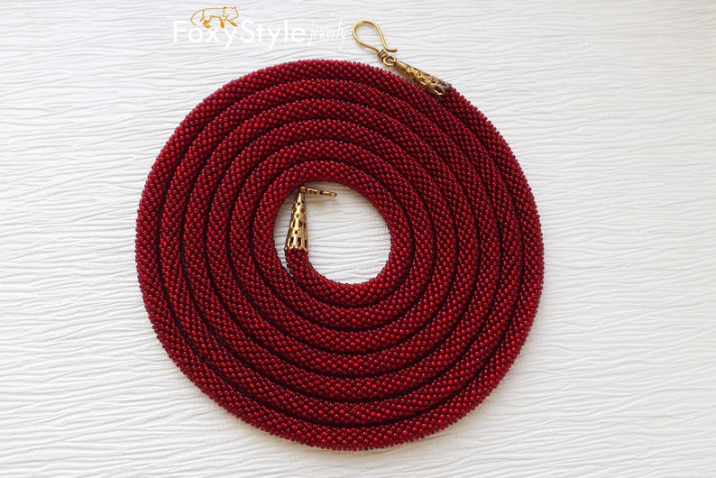 Statement Red Necklace Long Red Bead Necklace Crochet Red Jewelry Rope Necklace Red Gift for women elegant red jewelry beadwork gift for mom image 5