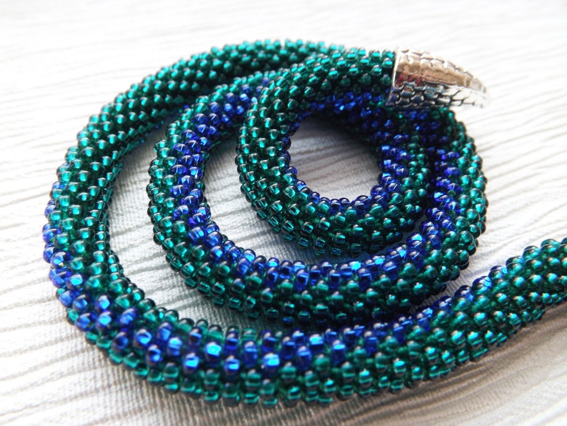Beaded Snake Necklace Blue and Emerald Green Statement Etsy