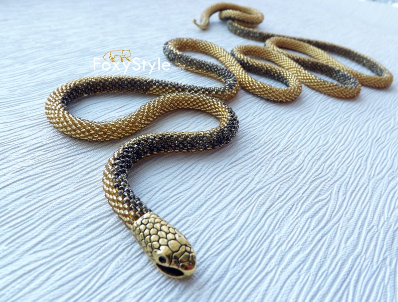 gold snake necklace, layering bead necklace, long gold necklace, celtic necklace, gift for wife, snake jewelry, serpent necklace image 3