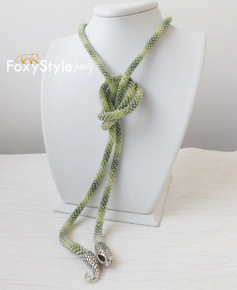 Layering Necklace Birthday Gift Idea Green Jewelry Gift Beaded Jewelry Snake Necklace Women Gift Crochet Jewelry Bib Jewelry Yoga Jewelry image 3