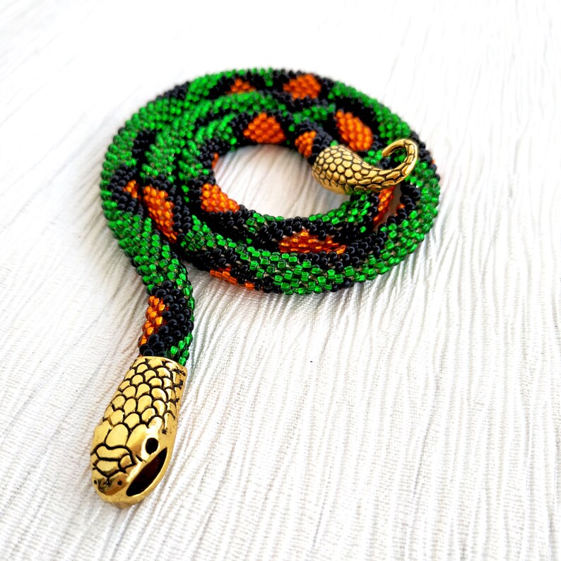 Green Snake Necklace Ouroboros Jewelry Bead Crochet Etsy