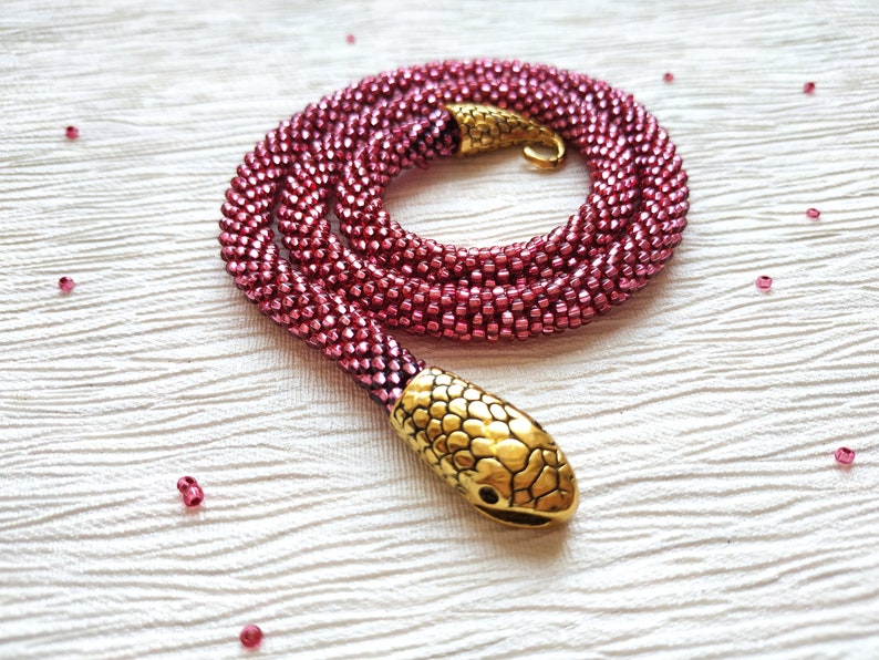 Snake choker, Snake necklace, Pink statement necklace, Statement choker, Snake collar necklace, Snake beaded necklace, Ouroboros necklace image 4