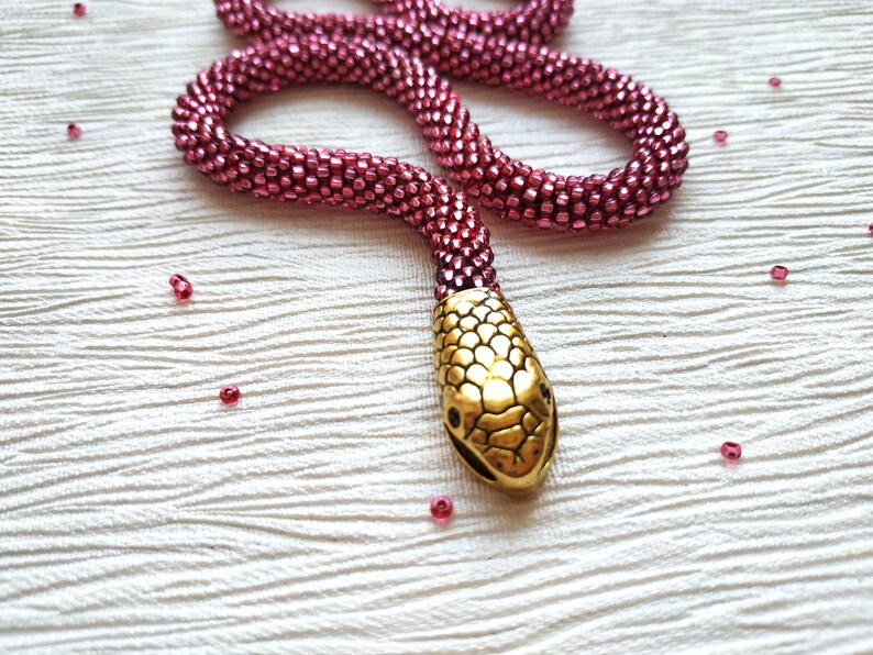 Snake choker, Snake necklace, Pink statement necklace, Statement choker, Snake collar necklace, Snake beaded necklace, Ouroboros necklace image 6