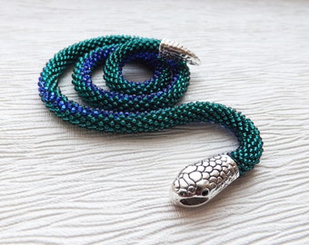 Beaded snake necklace, Blue and emerald green statement necklace, Snake choker, Snake costume jewelry, Long emerald necklace, Witch jewelry