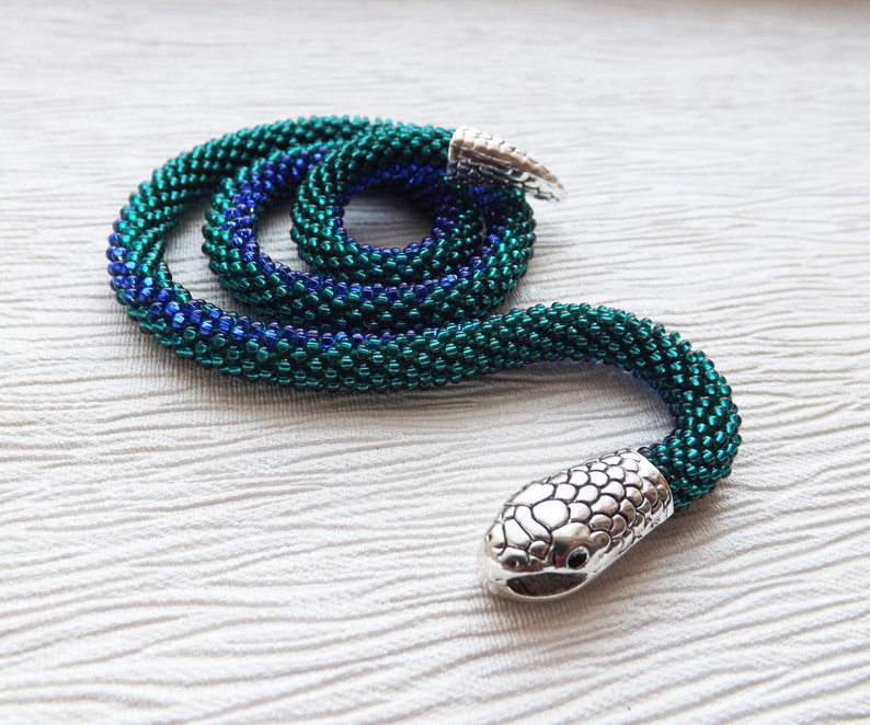 Beaded Snake Necklace Blue and Emerald Green Statement Etsy