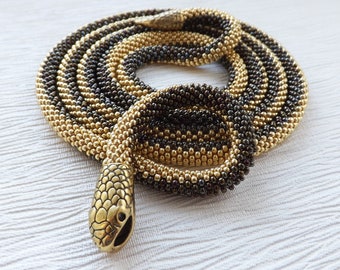 Gold Snake Necklace - Long beaded necklace - Witch jewelry - Statement necklace - Celtic necklace - 40th birthday gift for her