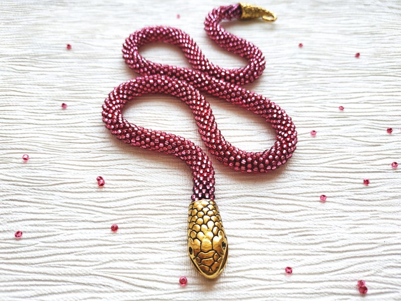 Snake choker, Snake necklace, Pink statement necklace, Statement choker, Snake collar necklace, Snake beaded necklace, Ouroboros necklace image 10