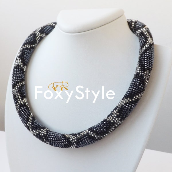 statement necklace metallic necklace beadwork crochet necklace snake necklace office style grey necklace black necklace elegant necklace