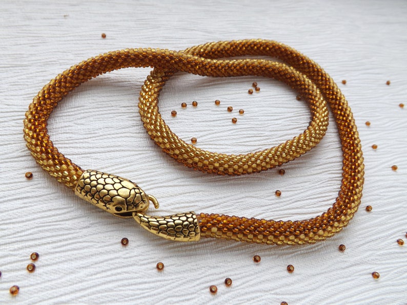 Beaded snake necklace, Snake choker, Day collar, Gold bead necklace, Ethnic beaded necklace, Boho necklace, 40th birthday gift for her image 7
