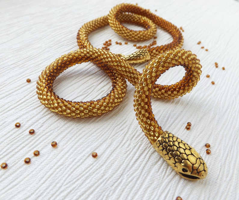 Beaded snake necklace, Snake choker, Day collar, Gold bead necklace, Ethnic beaded necklace, Boho necklace, 40th birthday gift for her image 3