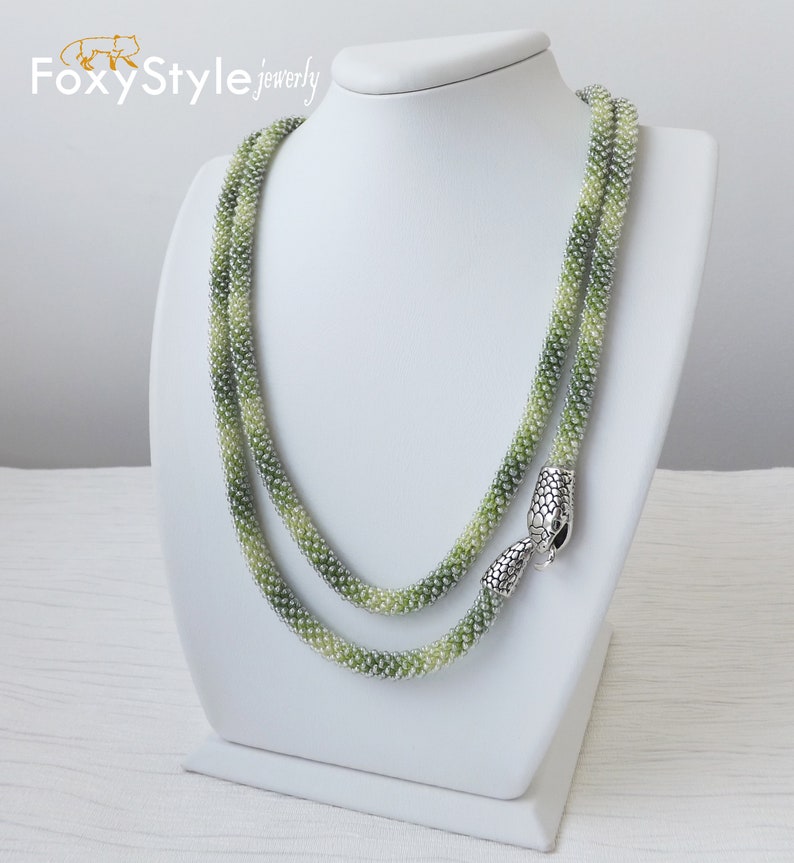 Layering Necklace Birthday Gift Idea Green Jewelry Gift Beaded Jewelry Snake Necklace Women Gift Crochet Jewelry Bib Jewelry Yoga Jewelry image 6