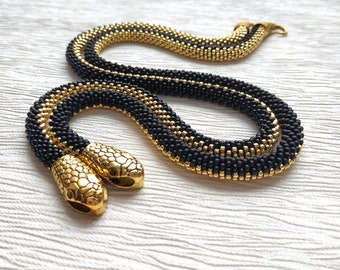 Beaded snake necklace, Black and gold necklace, Snake choker necklace, Snake bracelet, Snake jewelry for women, Mens necklace bead