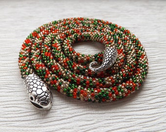 Beaded snake necklace, Beaded crochet rope necklace, Serpent wrap necklace, Long beaded necklace, Handmade jewelry, Rainbow necklace