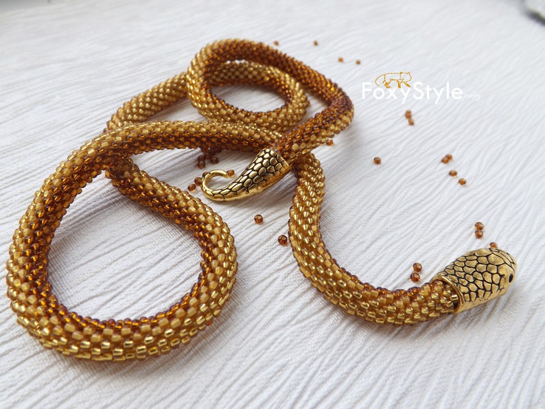 Beaded snake necklace, Snake choker, Day collar, Gold bead necklace, Ethnic beaded necklace, Boho necklace, 40th birthday gift for her image 8
