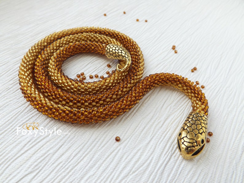 Beaded snake necklace, Snake choker, Day collar, Gold bead necklace, Ethnic beaded necklace, Boho necklace, 40th birthday gift for her image 4