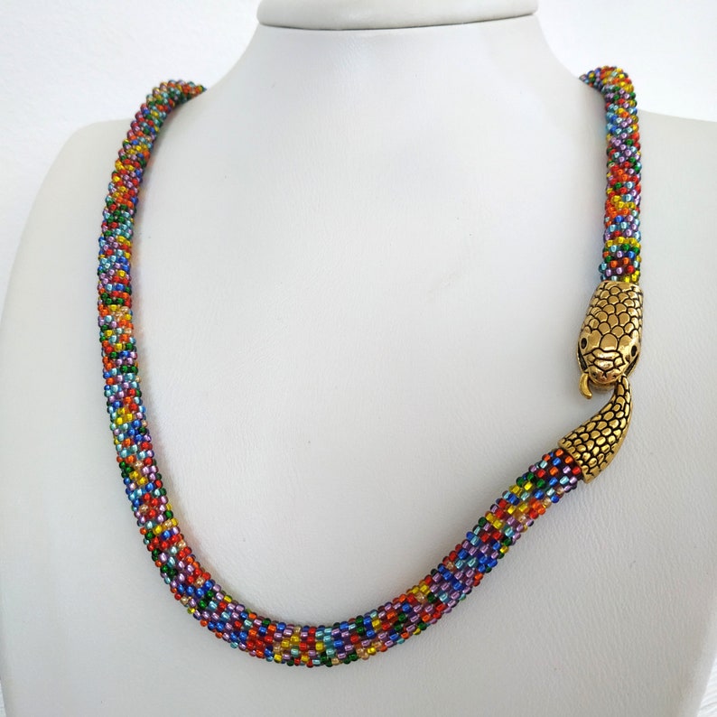 Beaded Snake Necklace Statement Rainbow Necklace Snake Etsy