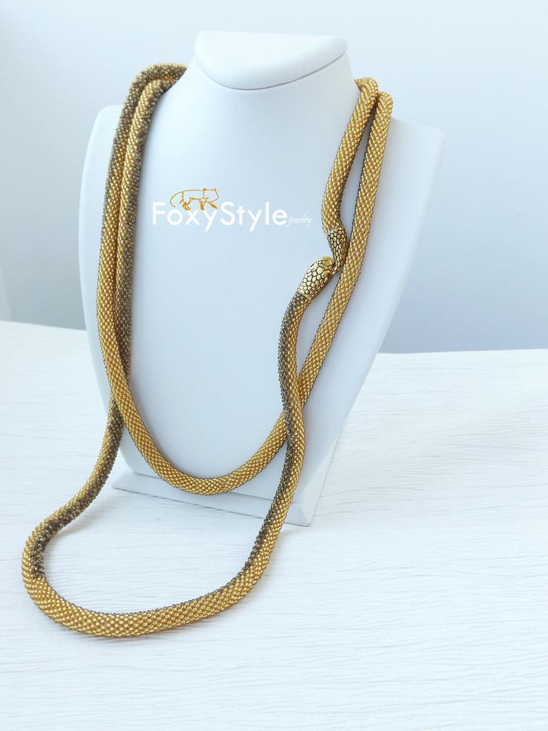 gold snake necklace, layering bead necklace, long gold necklace, celtic necklace, gift for wife, snake jewelry, serpent necklace image 8